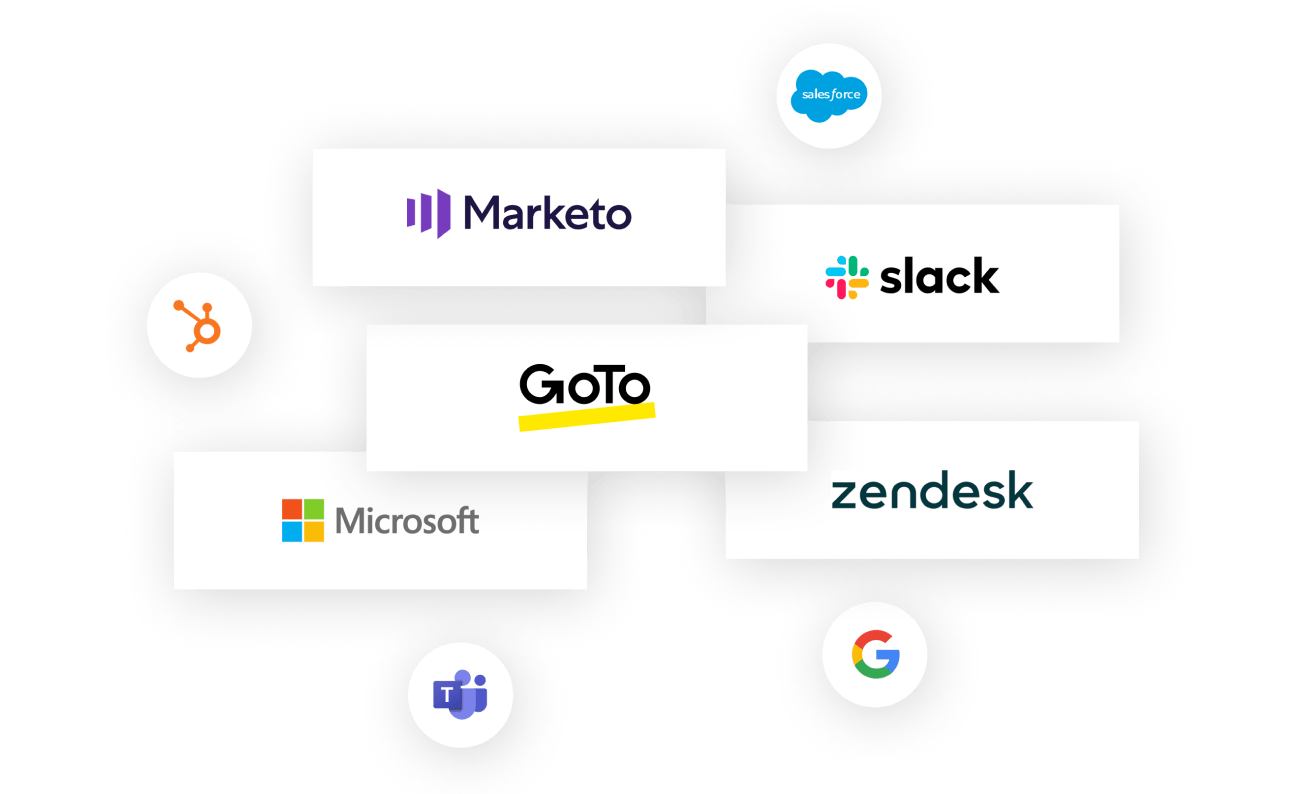 Collage de algunas de las muchas herramientas integradas de GoTo Connect: Marketo, Salesforce, Slack, Hubspot, Microsoft, Zendesk, Teams y Google.