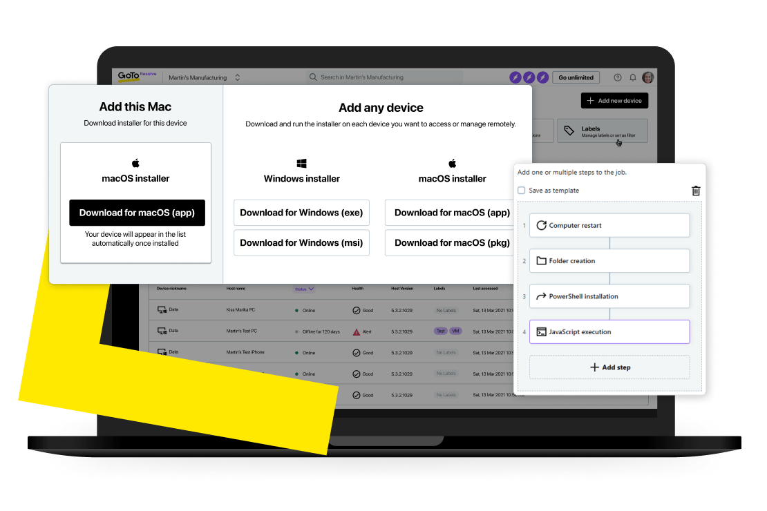 Admin console view of GoTo Resolve's Remote Monitoring and Management (RMM) tool with ability to execute remote automation tasks.