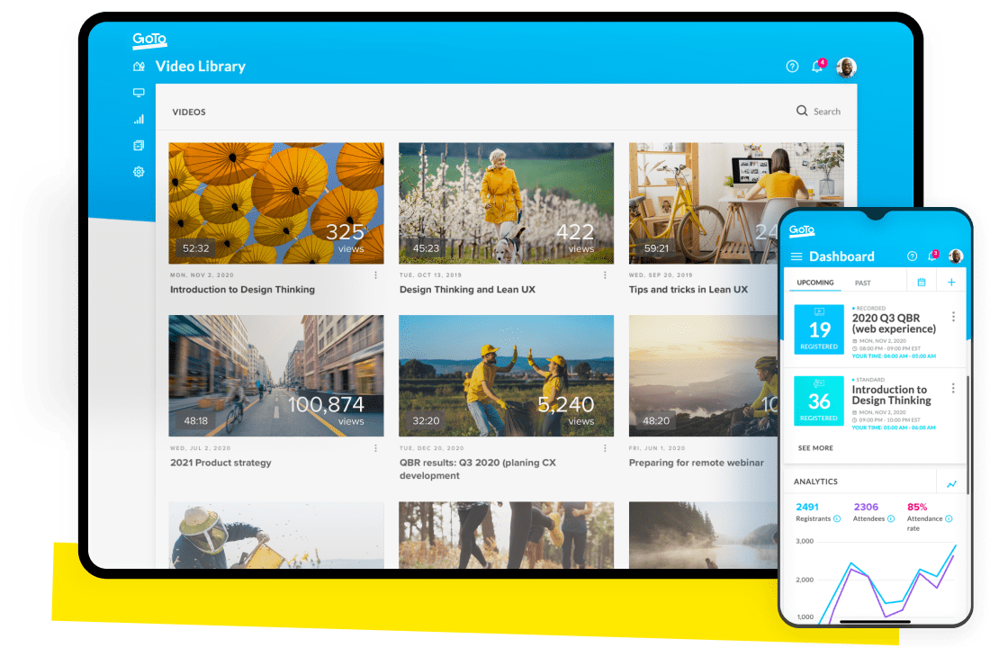 GoTo Webinar video library and admin dashboard for upcoming events.
