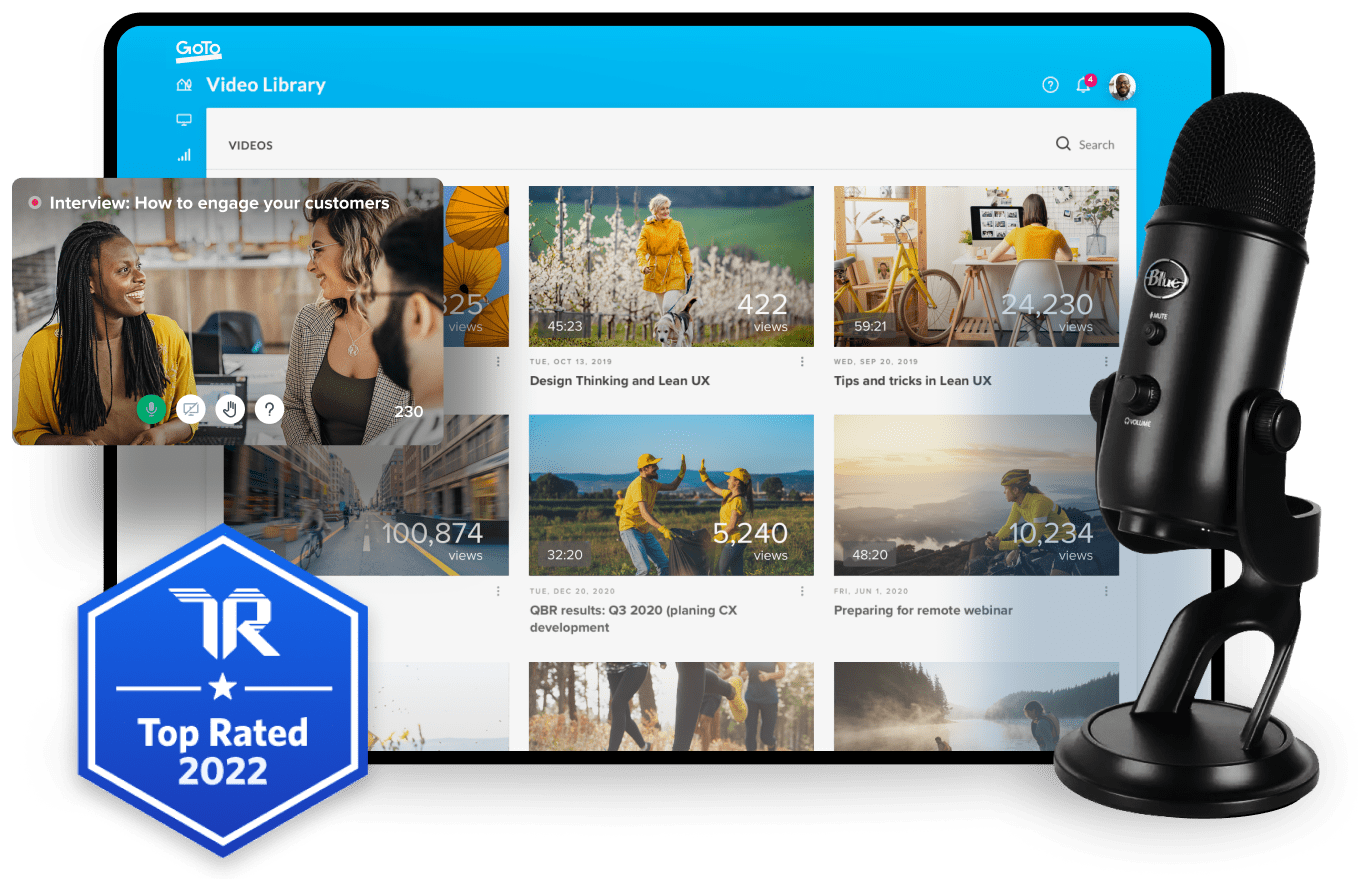 Interface showing GoTo Webinar dashboard and in session with microphone and Trust Rated Top Rated 2022 badge.