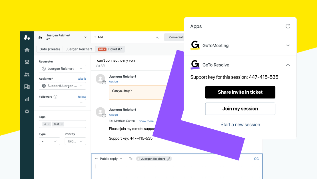 Schermata che mostra una richiesta di supporto su Zendesk e l'opzione per aprire una sessione di GoTo Resolve.