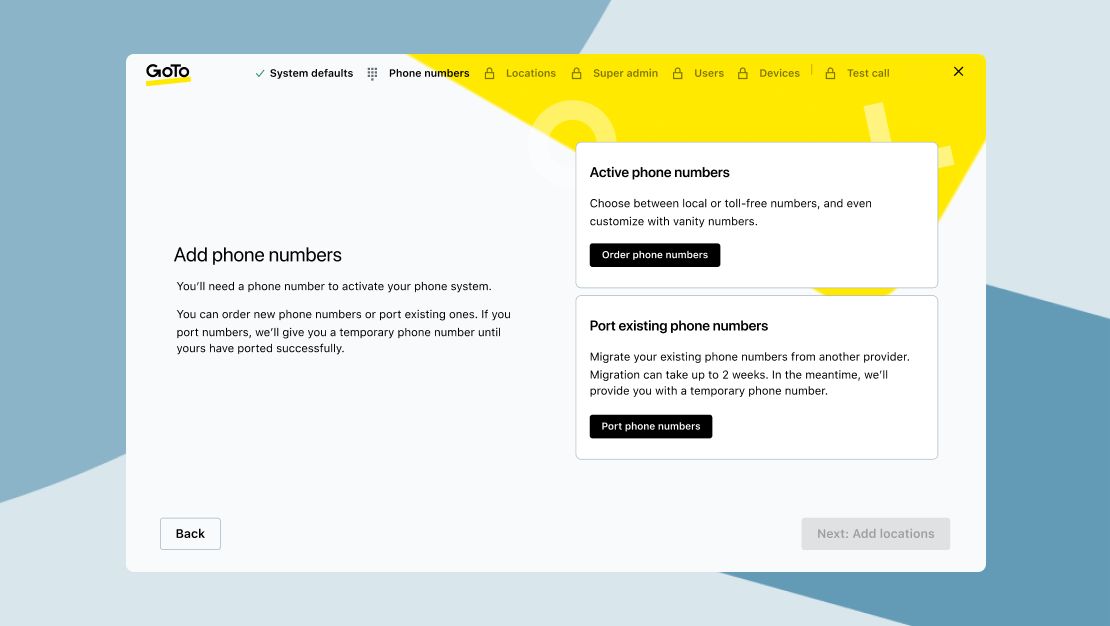 Schermata dell'onboarding della nuova applicazione GoTo che mostra le opzioni per aggiungere nuovi numeri di telefono o eseguire la portabilità di numeri esistenti.