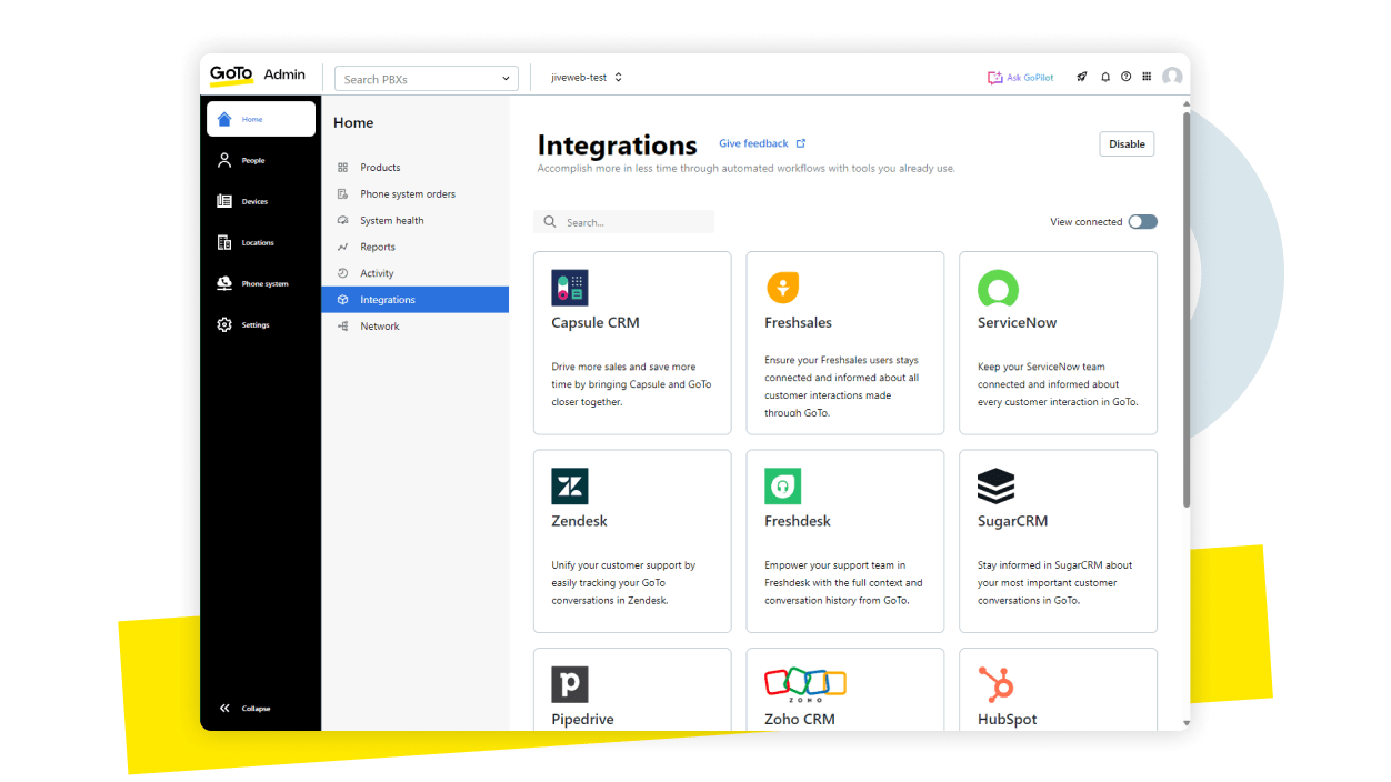 Captura de pantalla de integraciones de GoTo Connect que muestra cómo reúne todas sus herramientas tecnológicas favoritas.