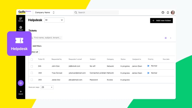 La Gestión de problemas (beta) de GoTo Resolve incluye el enlace de tickets relacionados, la documentación de las causas raíz y el seguimiento eficaz de las soluciones.