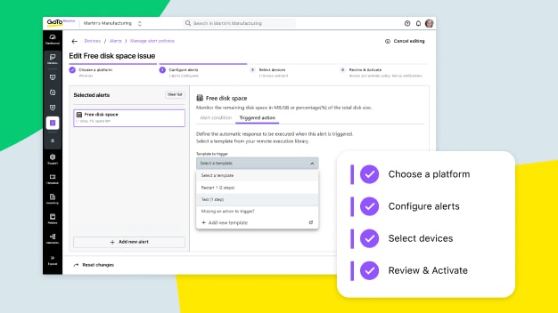 Las alertas de recuperación automática de GoTo Resolve permiten identificar posibles problemas de asistencia y resolverlos al instante.
