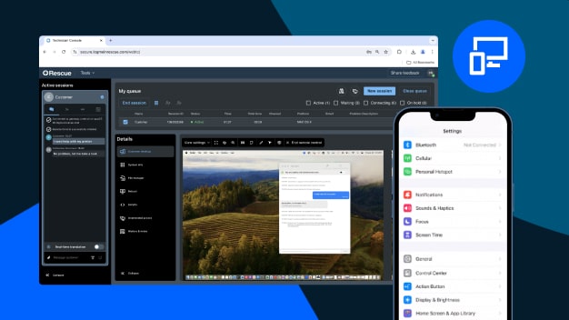 La console de technicien web LogMeIn Rescue est accessible directement dans le navigateur, sans téléchargement.
