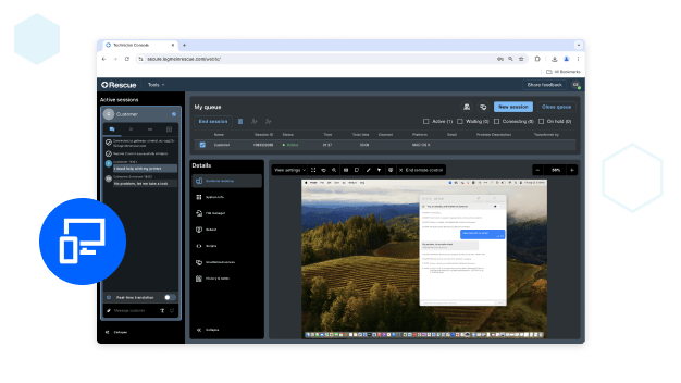 Tableau de bord des opérations d'assistance Rescue montrant la fonctionnalité de contrôle à distance de l'opérateur sur l'ordinateur d'un client.