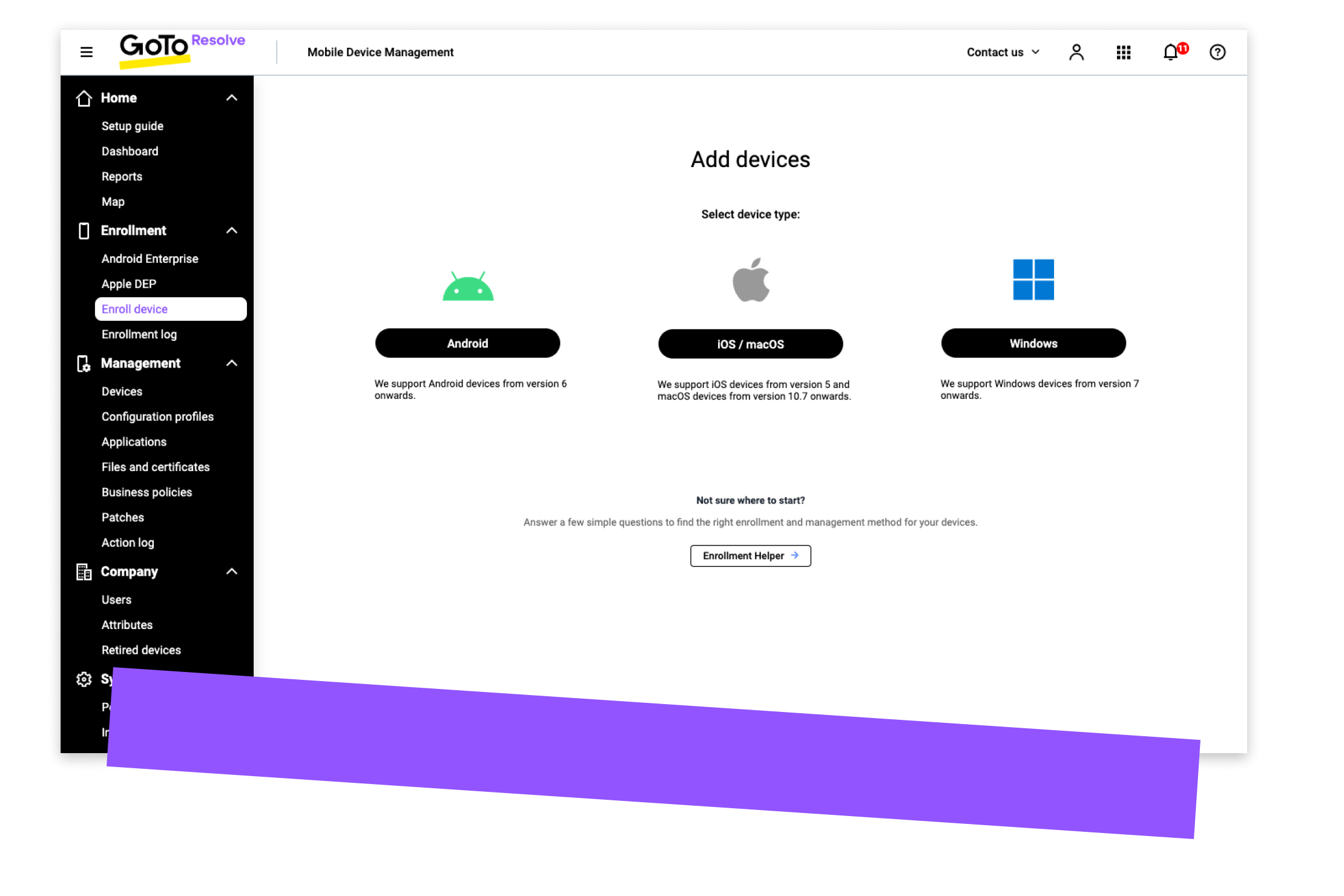 Interfaz de usuario de administración de dispositivos móviles de GoTo Resolve para registrar nuevos dispositivos Apple, Android o Windows en una cuenta.