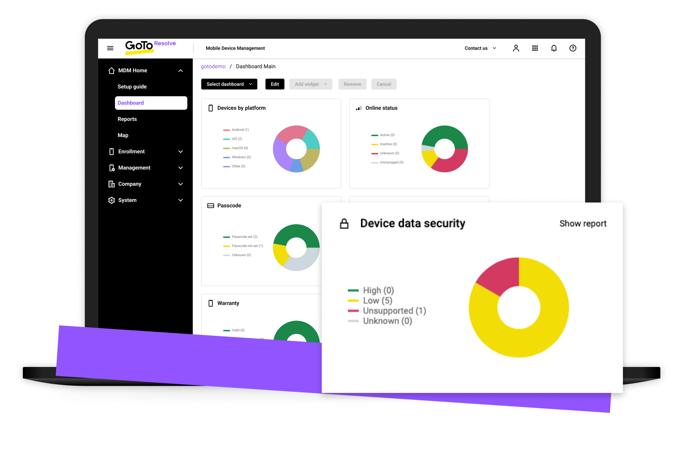 Vista de los controles de seguridad e informes en la solución MDM de GoTo Resolve.