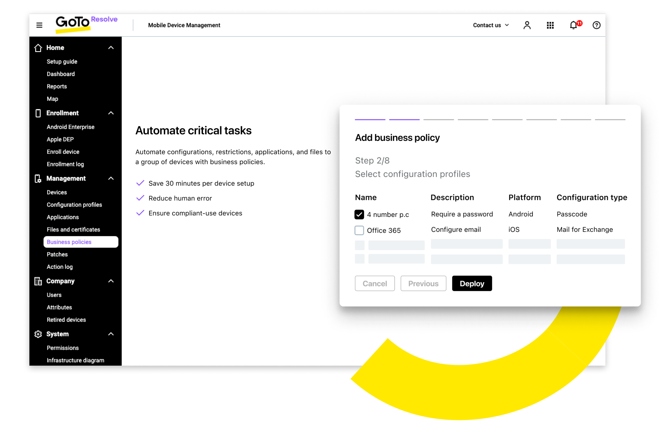 Centro de control para la solución MDM de GoTo Resolve donde los usuarios pueden automatizar tareas críticas y editar políticas empresariales.