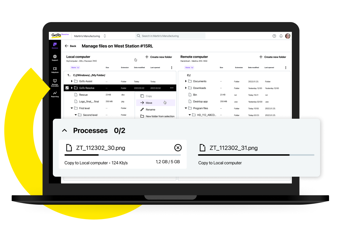 Vista de la pestaña de gestión de dispositivos de GoTo Resolve, cuyas funciones se utilizan para transferir archivos entre ordenadores.