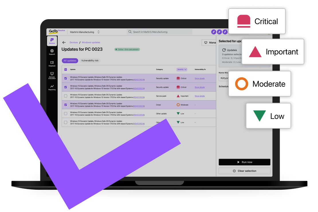 La función de acciones en dispositivos de GoTo Resolve, con las capacidades de ejecución remota, terminal remoto y gestión de parches y actualizaciones.