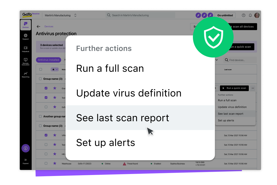 Función de protección antivirus centralizada RMM de GoTo Resolve en la interfaz de usuario, con opciones para realizar un análisis completo, actualizar la definición de virus, ver el informe del último análisis y configurar alertas de escritorio.